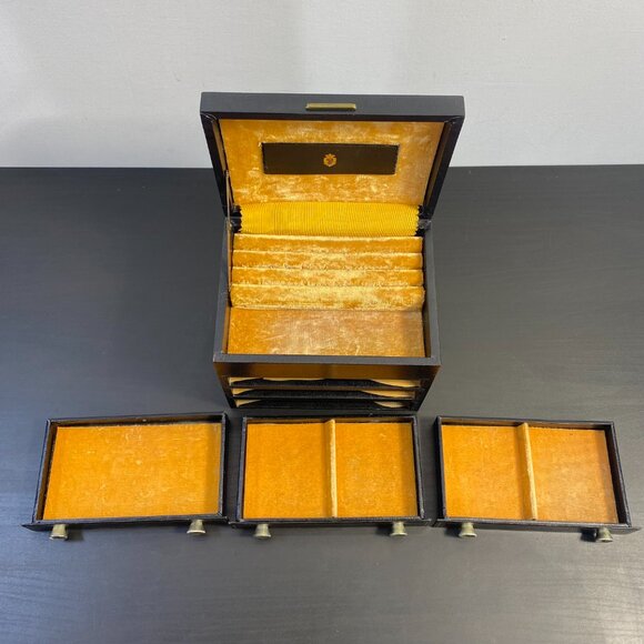 Black jewelry box, Three Drawers, Yellow Velvet, Wooden Keepsake, Leather Cover, - Picture 3 of 10